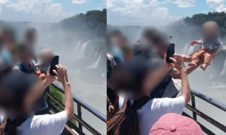 Homem é flagrado erguendo bebê sobre grade no mirante da Garganta do Diabo