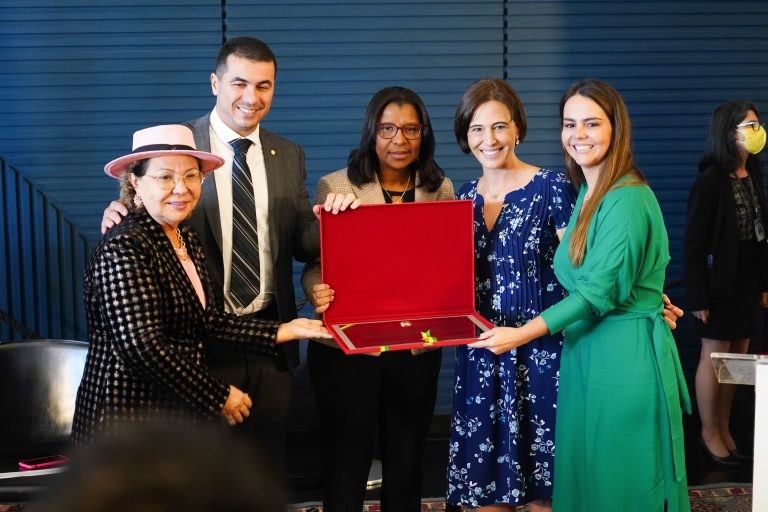 Deputados Tereza Nelma (E), Miranda, Rosângela Gomes e Mariana Carvalho (de verde), com Marianne Pinotti, uma das agraciadas - (Foto: Pablo Valadares/Câmara dos Deputados)