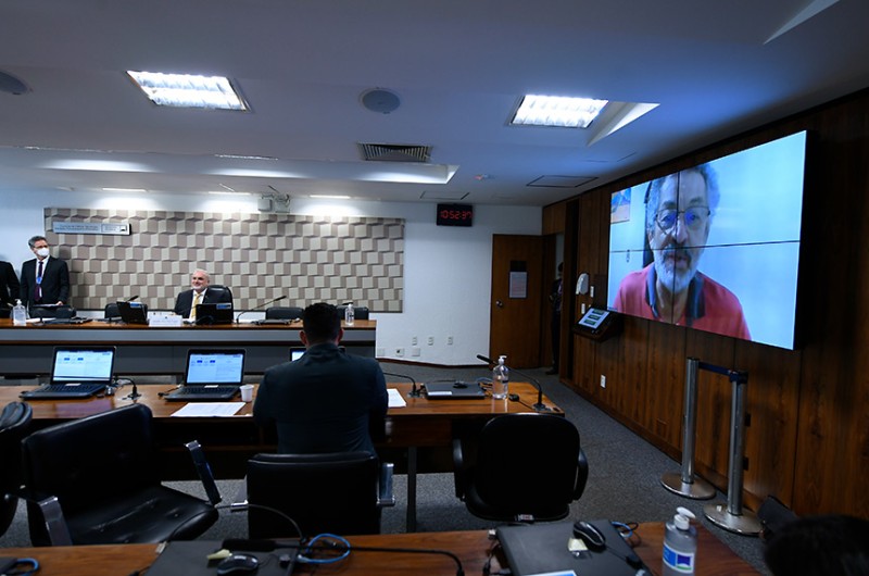 Paulo Rocha (no telão), que elaborou relatório ao projeto, participa por vídeo da reunião comandada por Jean Paul - Edilson Rodrigues/Agência Senado