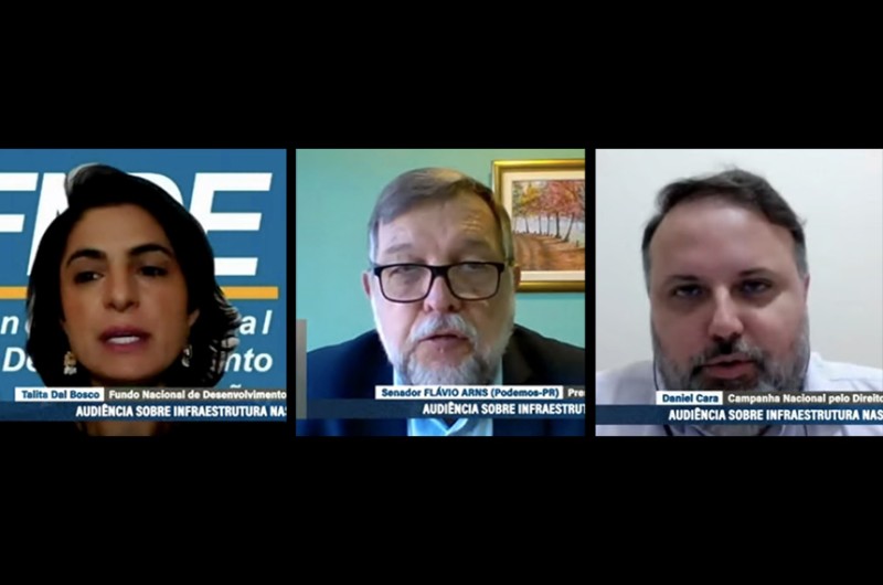 O senador Flávio Arns (ao centro) comandou audiência remota com Talita Dal'Bosco e Daniel Cara - Agência Senado