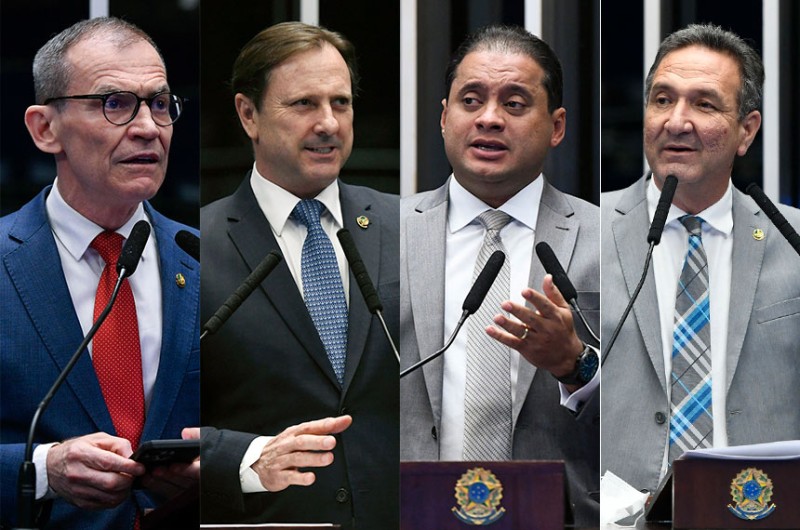 Contarato, Gurgacz, Weverton e Barreto têm projetos para coibir agressões a profissionais da imprensa. - Montagem/Agência Senado